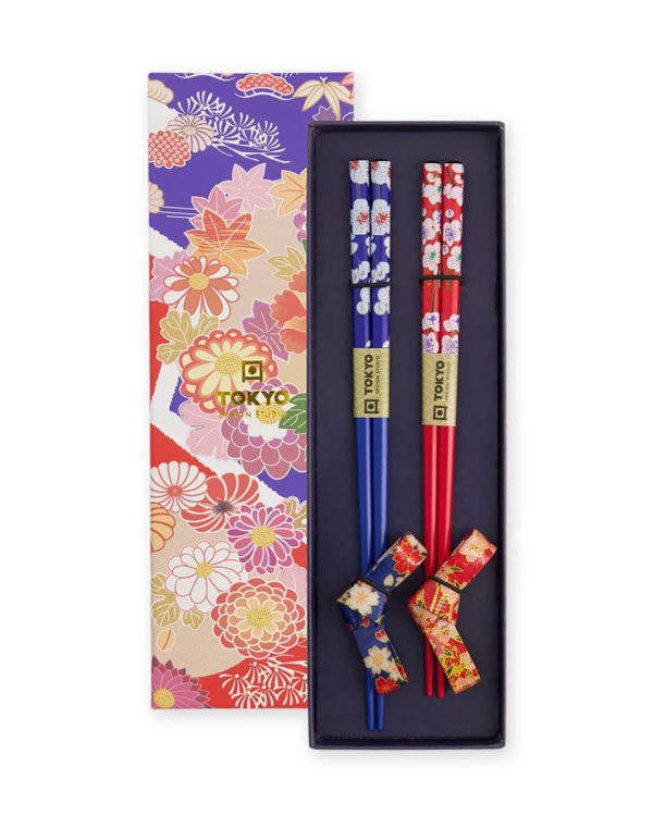 Presentkartong med två par ätpinnar med stöd tema washi rosett Tokyo Design Studio Cobosabi