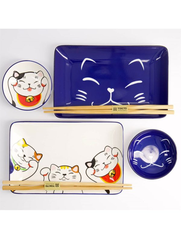 Kawaii sushi set Lucky cat med två tallrikar, två sojaskålar och ätpinnar