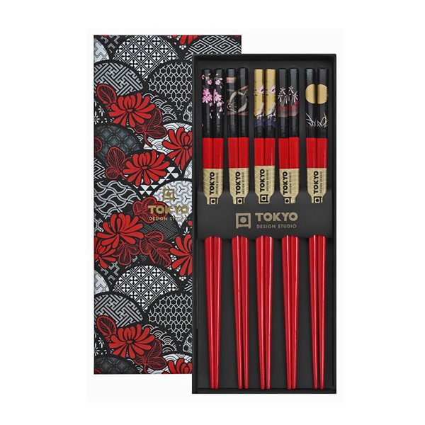 Ätpinnar röd i presentkartong med japanska motiv från Tokyo Design Studio