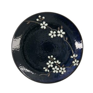 Japansk tallrik i blå glasyr med vita körsbärsblommor från Tokyo Design Studio