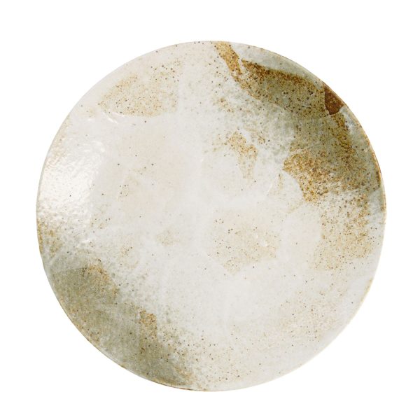 Japansk stor tallrik Yukishino med vit, brun och mossgrön glasyr.