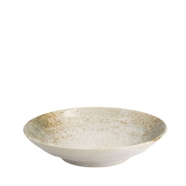 Japansk djup tallrik i serien Yukoshino med vit, brun och mossgrön glasyr.